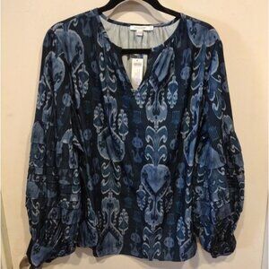 NWT Chico's Pleated Sleeve Sea Island Indigo Ikat Print Popover Top Sz 3 (XL)